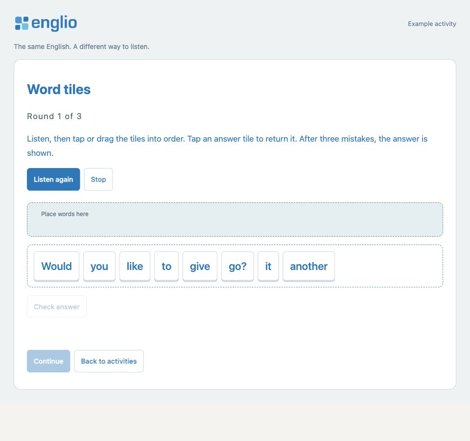 Word tiles — Example activity screen